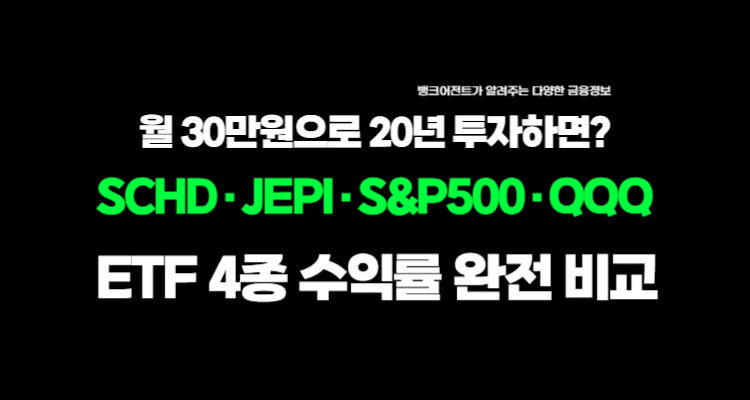 월 30만원으로 20년 투자하면? SCHD·JEPI·S&P500·QQQ ETF 4종 수익률 완전 비교 1 월 30만원으로 20년 투자하면 SCHD·JEPI·S&P500·QQQ ETF 4종 수익률 완전 비교- 뱅크어전트 이미지
